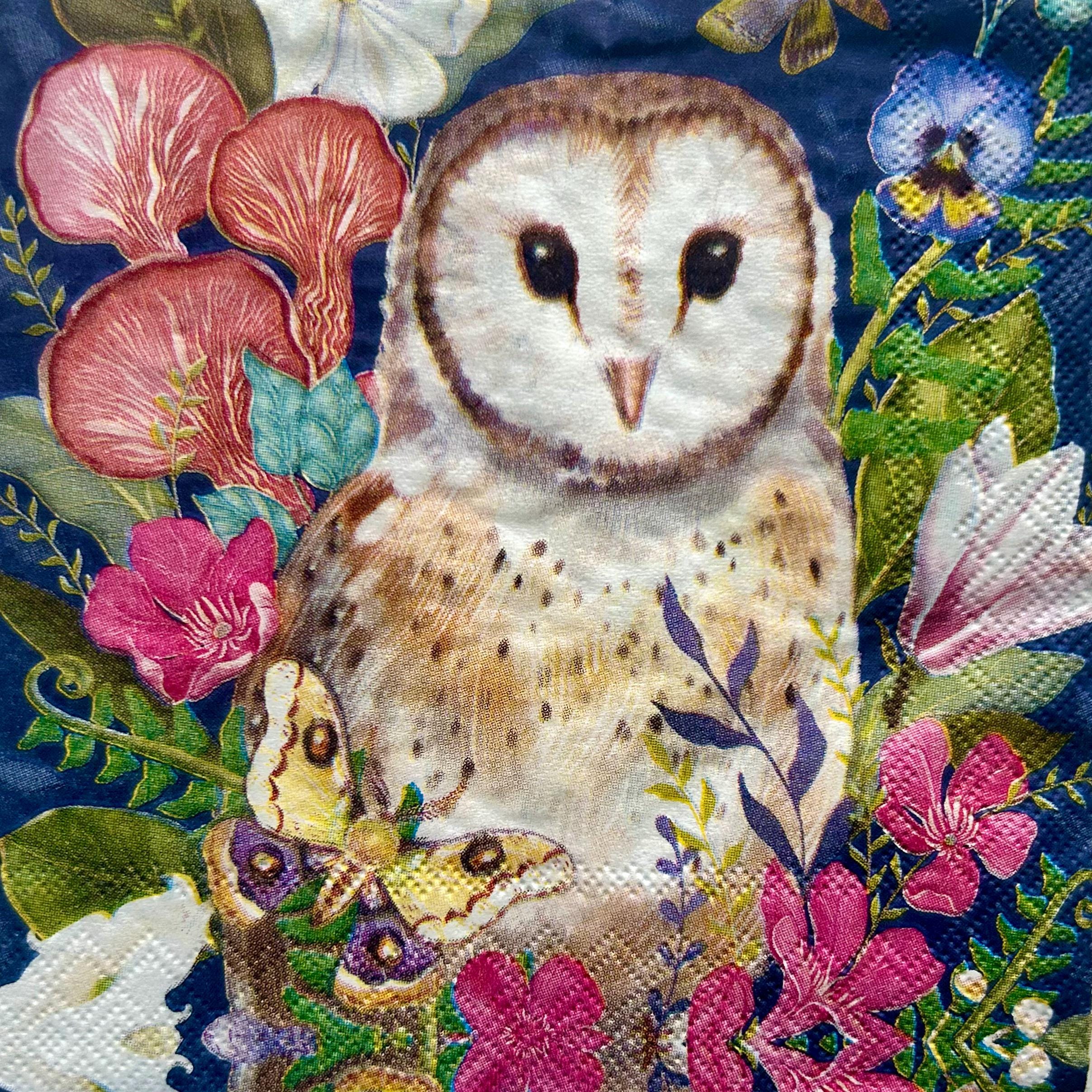 Owl Decoupage Napkins, Owl with Flowers, Paper Napkin, Forest Owl, Decoupage Paper, Decorative Napki