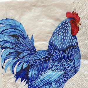 Blue and White Paper Napkin, Blue Rooster, 3 Decoupage Napkins, Paper Napkins, Paper Napkins, Decoupage, Collage, Paper Crafts,Scrapbooking