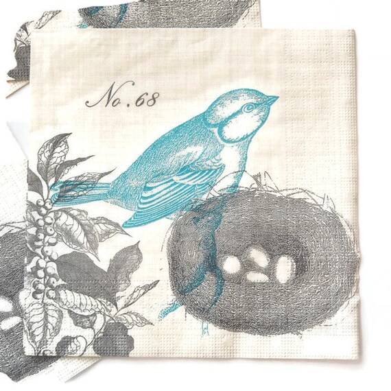 4 Decoupage Napkins Blue Bird with Nest Collage Paper Etsy