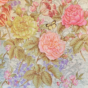 Floral Paper Napkins: Pink Roses, Butterfly Decoupage (3 Large)
