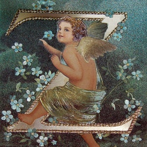 *Vintage ANGEL ALPHABET LETTER "U" Floral FOIL POSTCARD Clapsaddle FORGET-ME-NOT 