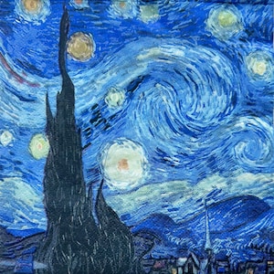 May include: A painting of a starry night sky with a large, dark cypress tree in the foreground. The sky is a deep blue with swirling clouds and bright white stars. The painting is done in a style that is characteristic of Vincent van Gogh.