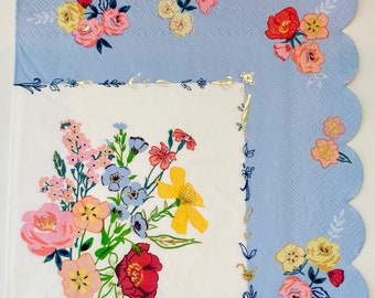 3 Floral Decoupage Napkins: Bouquet with Gold, Blue Border