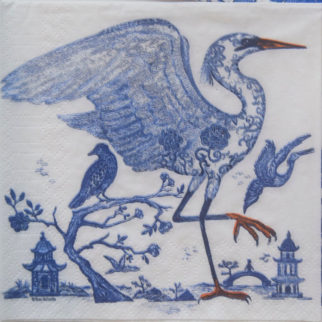 3 Decoupage Napkins, Blue Heron, Blue and White Napkins, Blue River Heron, Blue China Paper
