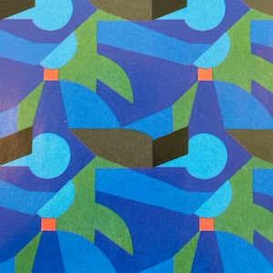 May include: Abstract geometric pattern with overlapping shapes in shades of blue, green, and black. The design features circles, squares, and rectangles.