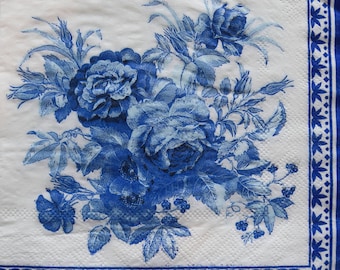 Blue Floral Decoupage Napkins: Large Paper Napkins (Set of 3)