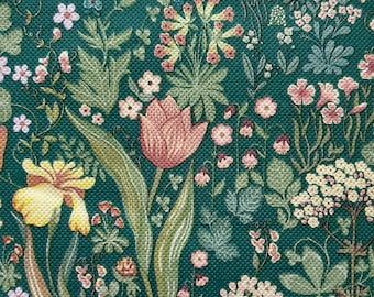 May include: A teal background with a floral pattern featuring yellow, pink, and white flowers. The flowers are arranged in a random pattern and are surrounded by green leaves.
