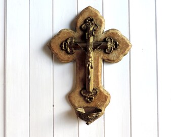 Antique French benetier, crucifix and font, french religious paraphernalia