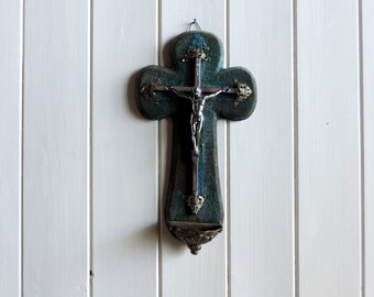 Antique French benetier, crucifix and font
