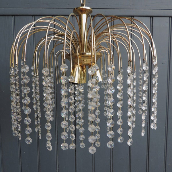 Gilded brass and crystal, 3 lamp fountain chandelier, ceiling light, pendant light