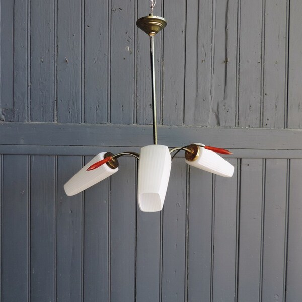 Alte französische drei Lampe Mid Century Mad Men style, elektrische Decke, Pendelleuchte, Kronleuchter, Sputnik atomare