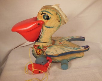 Vintage-1961--Fisher Price-Big Bill Pelican Pull Toy No Fish