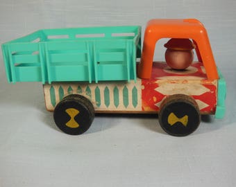 Fisher Price-1960-Stake Truck-Number 649-Wood Body-Wheels-Driver