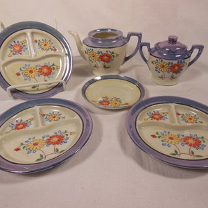 Vintage-1940s?-7 Piece Set Of Blue Lusterware Dishes-Made In Japan