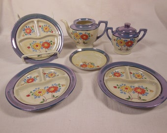 Vintage-1940s?-7 Piece Set Of Blue Lusterware Dishes-Made In Japan