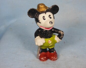 Vintage-Walt Disney Prod-Mickey Mouse-Holding  A Cane 4 1/4" Tall 1930s Bisque