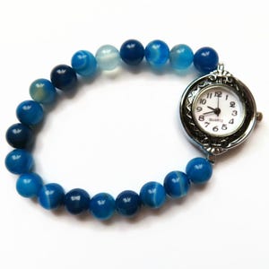 Blue Agate stretch wrist watch, beaded watch bracelet, unique watch, beaded watch, women&#39;s wrist watch, gemstone beaded watch