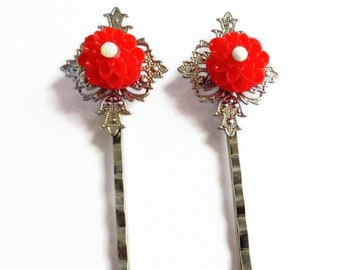 Red decorative bobby pins, hair decorations, kirby grips, Swarovski jeweled hair clips, hair jewelry, floral hair accessories, hair flowers