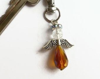 Yellow crystal angel keychain charm, angel detachable key ring, removable angel charm, guardian angel gift, beaded keychain, clip on charms