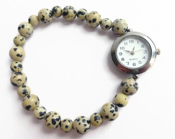 Dalmation jasper stretch band watch, bracelet style watch, stretch watch, black spot wrist watch, unique watch, expanding bracelet watch