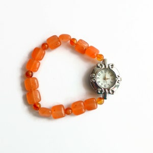 Armband Stretch Uhr orange mit Karneol Perlen, Damen Armband Armbanduhr orange Edelstein Uhr
