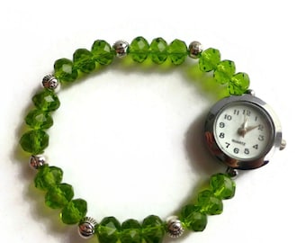 Green glass beaded watch, stretch bracelet watch, expandable watch, ladie's green watch, unique watch, wrist watch,