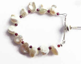 White pearl & garnet sterling slider bracelet, June birthstone pearl bracelet, 925 silver bracelet, unique gift, sterling pearl jewelry