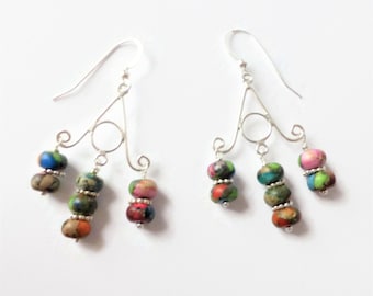 Rainbow jasper silver chandelier earrings, multicolour jasper jewelry, beaded earrings, sterling silver chandelier earrings, dangle earrings