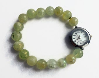 Prehnite beaded stretch bracelet style watch, green watch, gemstone bracelet watch, unique watch, white face watch, prehnite ladies watch