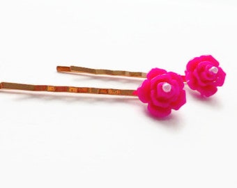 Cerise flower kirby grips, hair slides, fancy bobby pins, hair jewellery, hair decoration accessories, pink floral hair clips, hair slides