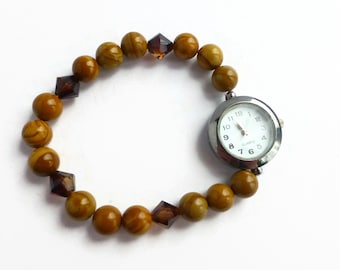 Crystal & yellow wood Jasper stretch band watch, Swarovski bead bracelet watch, Jasper stretch watch, unique watch, ladies bracelet watch