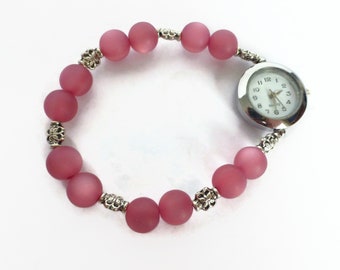 Pink & silver beaded stretch band watch, unique watch, beaded bracelet watch, expandable watch, ladies fashion watch, dark pink beaded watch