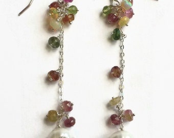 Gemstone & pearl cluster earrings, dainty and delicate earrings, long chain earrings, cultured pearl earrings, unique earrings
