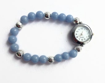 Blue beaded stretch gemstone watch, unique bracelet watch, Angelite ladies watch, silver watch, expanding bracelet watch, retirement gift