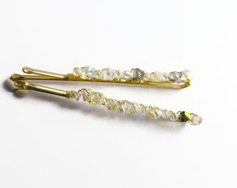 Clear Austrian crystal hair grips, Arora Borealis crystal hair ornaments, kirby grip decorations, ladies hair clips, crystal hair clips