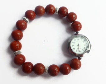 Red Jasper stretch bracelet watch, unique watch, ladies watch bracelet, bracelet beaded watch,expanding bracelet style watch, gemstone watch