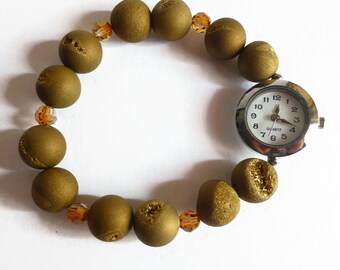 Stretch bracelet style watch, gold druzy agate unique watch, expanding bracelet watch, ladies wrist watch, stylish wrist watch
