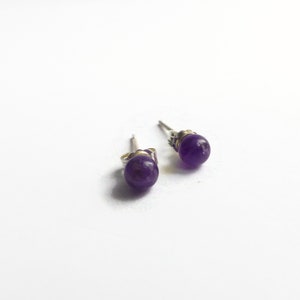 Amethyst stud earrings, 3mm dainty earrings, February birthstone stud earrings, purple ear posts, earrings for teens, gem post earrings