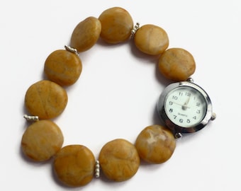 Yellow sunstone stretch bracelet watch, beaded bracelet watch for women, fashion watch, wrist watch, coin beaded stretch watch, unique watch