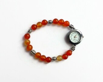 Carnelian & silver beaded stretch bracelet watch, orange gem watch, wrist watch, round watch face, ladies wrist watch, silver beaded watch