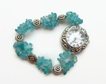 Retirement gift, blue & silver beaded stretch bracelet watch, Apatite double strand watch, round face watch, ladies wristwatch, unique watch