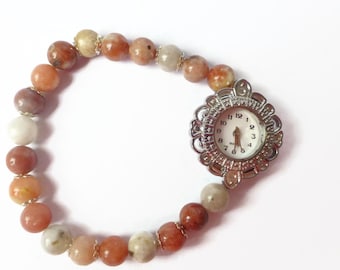 Reloj de pulsera elástica con cuentas, reloj único con piedras preciosas de lepidolita, regalo para ella, reloj rosa mixto, reloj de pulsera extensible, reloj con esfera elegante