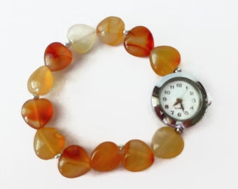 Beaded stretch carnelian bracelet watch, orange gem heart bead watch, gem watch, round watch face, ladies wrist watch, silver beaded watch,