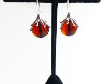 Baltic cherry amber drop earrings, sterling earrings, silver hanging earrings, silver amber jewellery, unique earrings, amber drop earrings