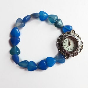 Blue onyx heart watch, beaded bracelet watch, unique watch, blue expanding bracelet watch, heart watch, ladies blue watch, gemstone watch