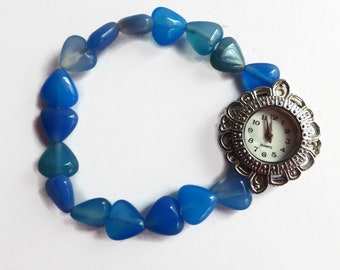 Blue onyx heart watch, beaded bracelet watch, unique watch, blue expanding bracelet watch, heart watch, ladies blue watch, gemstone watch