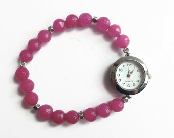 Dyed pink coral bracelet watch, stretch beaded wristwatch, gift for ladies, gemstone watch, silver wrist watch, pink & silver beaded watch