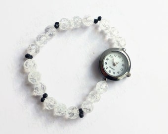 Reloj de pulsera con cuentas de cuarzo craquelado transparente, reloj de pulsera elástica, reloj de piedras preciosas, reloj de pulsera para damas, reloj único, reloj con cuentas