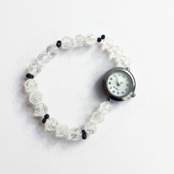Clear crackled quartz beaded bracelet watch, stretch bracelet watch, gemstone watch, ladies bracelet watch, unique watch, beaded watch