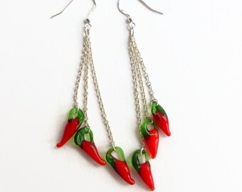 Red glass cluster drop earrings, novelty chilli pepper earrings, quirky earrings, vegetable earrings, fun cascade earrings